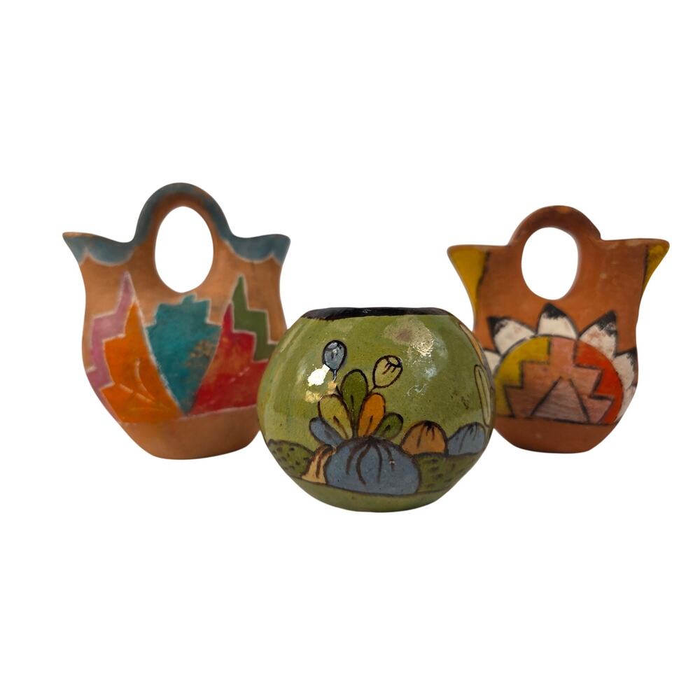 Jemez Pueblo Style Pottery Set 3pc Unsigned Southwest Wedding Vase Lot, Vintage
